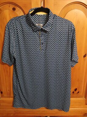 SWANNIES Polo Shirt Men's Medium Blue/White Print Stretch Light Performance EUC